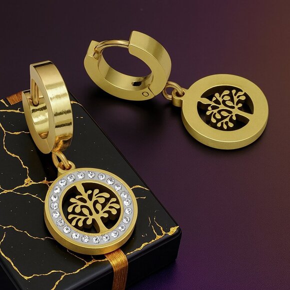 🆕 Tree Of Life 18K Gold Plated Stainless Steel Huggie Dainty Earrings Zirconia - Picture 10 of 12